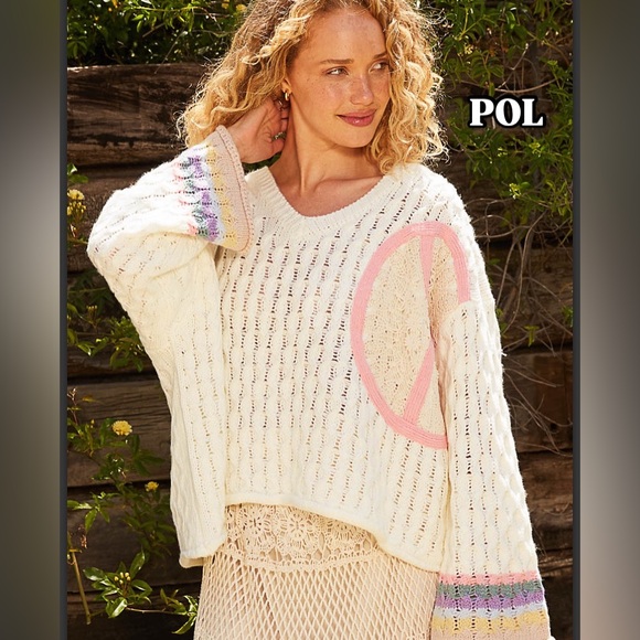 POL Sweaters - POL Women's Cream Sweater with Pink Peace Sign